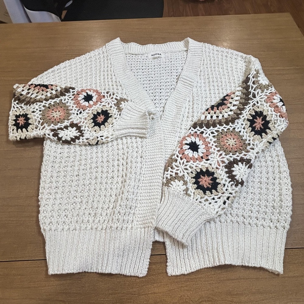 ADORA Cardigan Sweater Womens Medium Cream Crochet Sleeve Boho Open Knit Floral